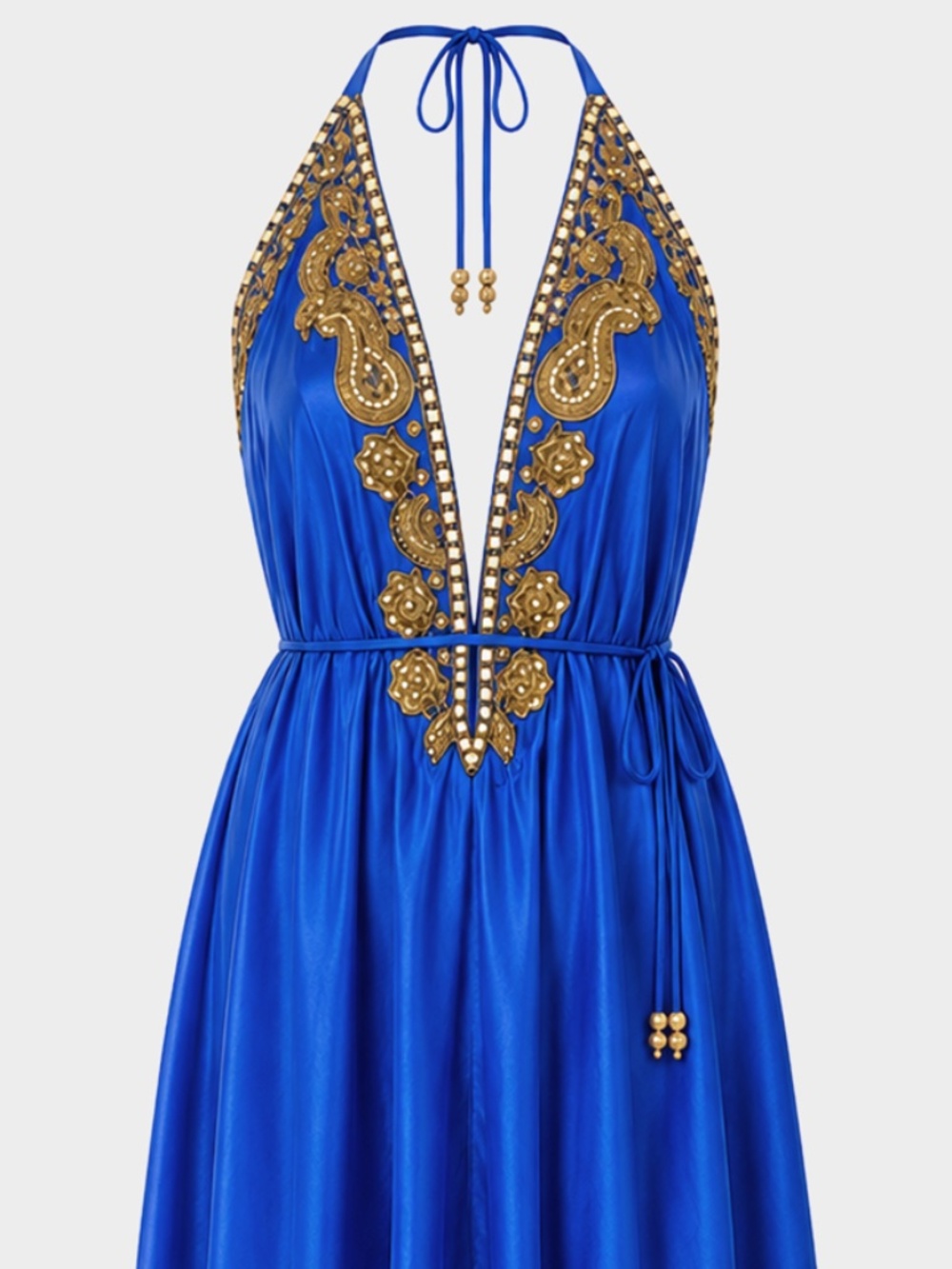Designer Royal Blue Gold Hand Beaded Halter High Low Dress Wedding Guest Resort